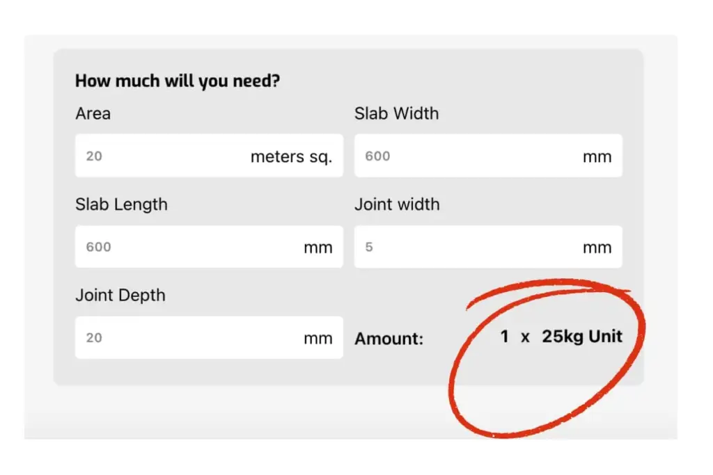 Paving grout product calculator showing how many bags are required